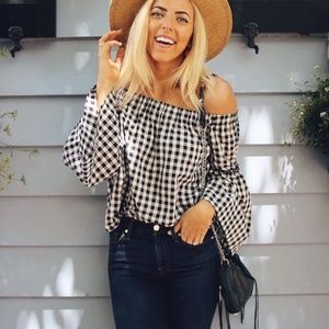 Off shoulder gingham bell sleeve top